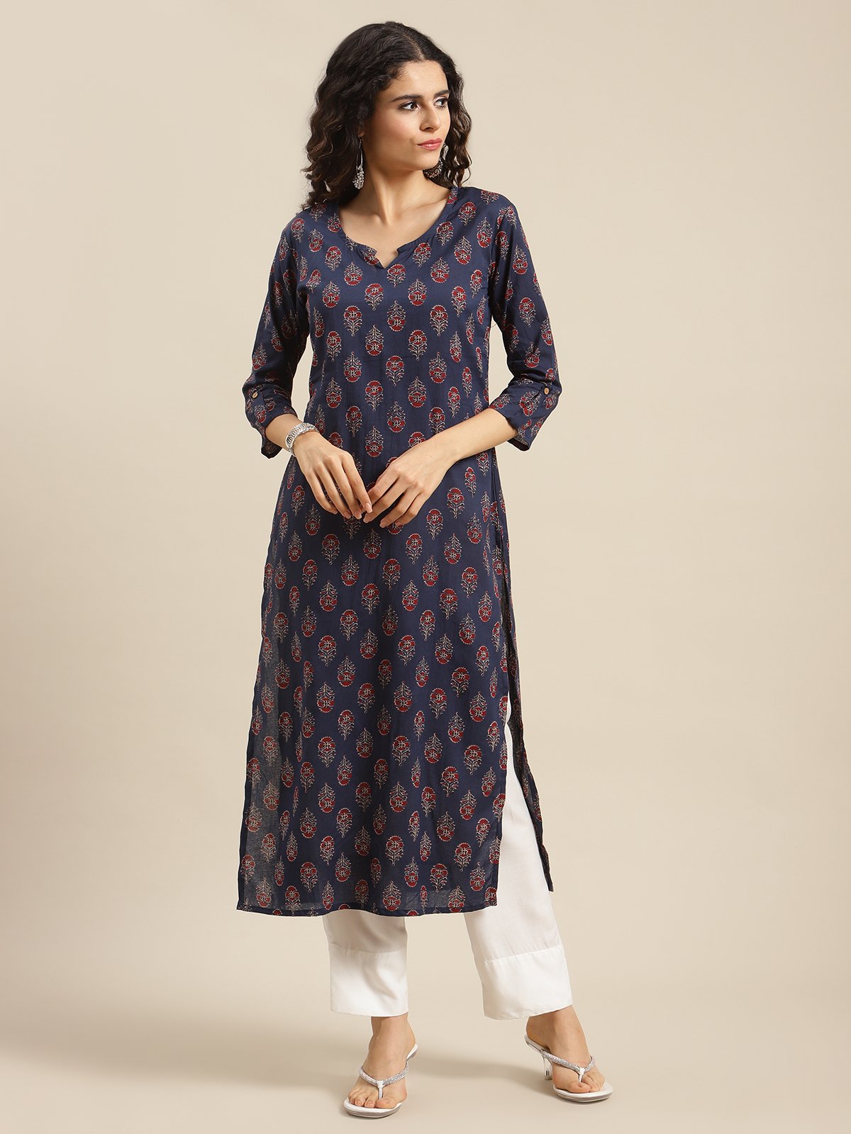 Women Navy Blue Ethnic Motifs Straight Kurta.