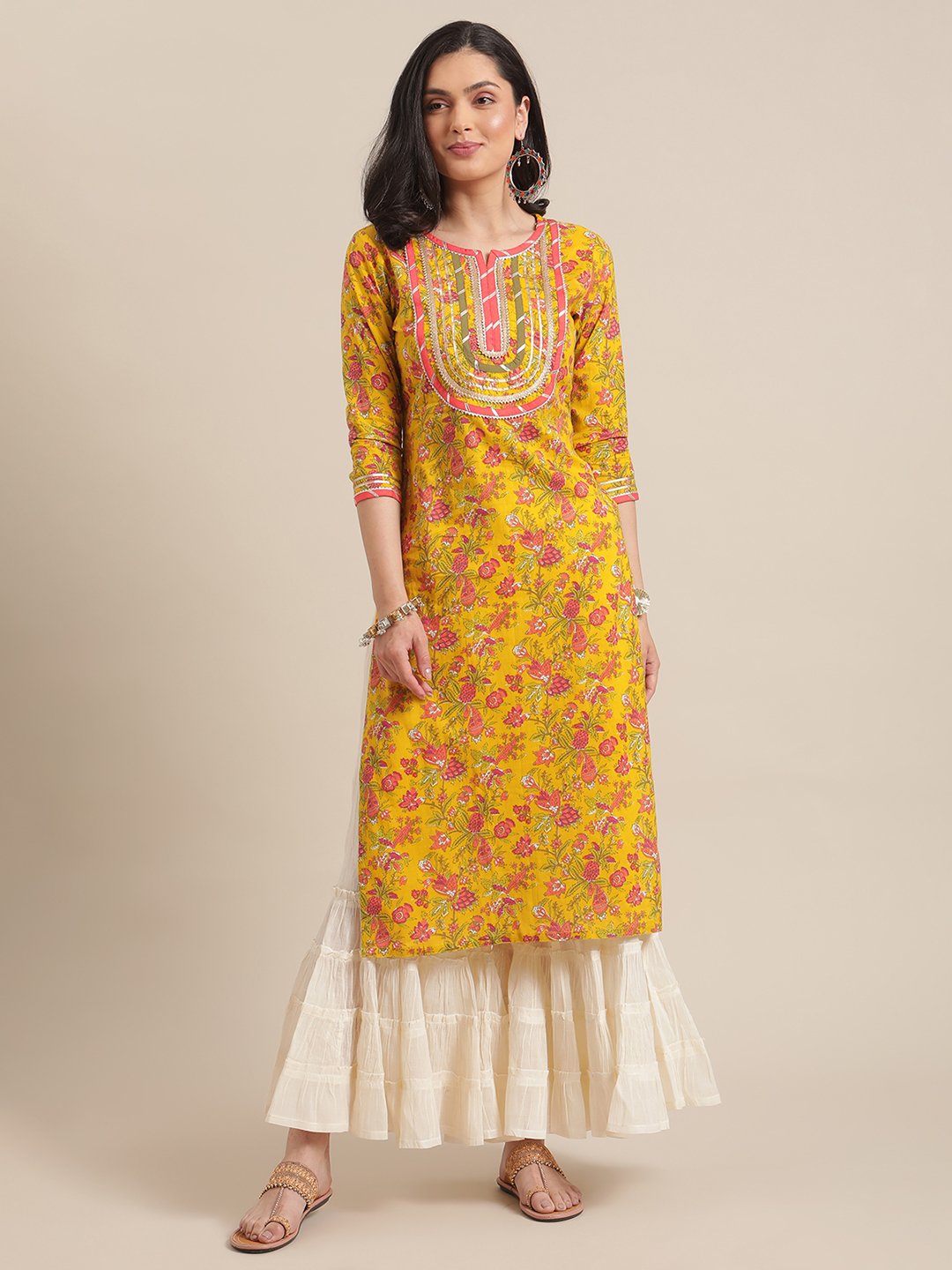 Yellow And Peach Straight Floral Printed Kurta With Round Neck And Having Gota Work On Yoke - 3XL