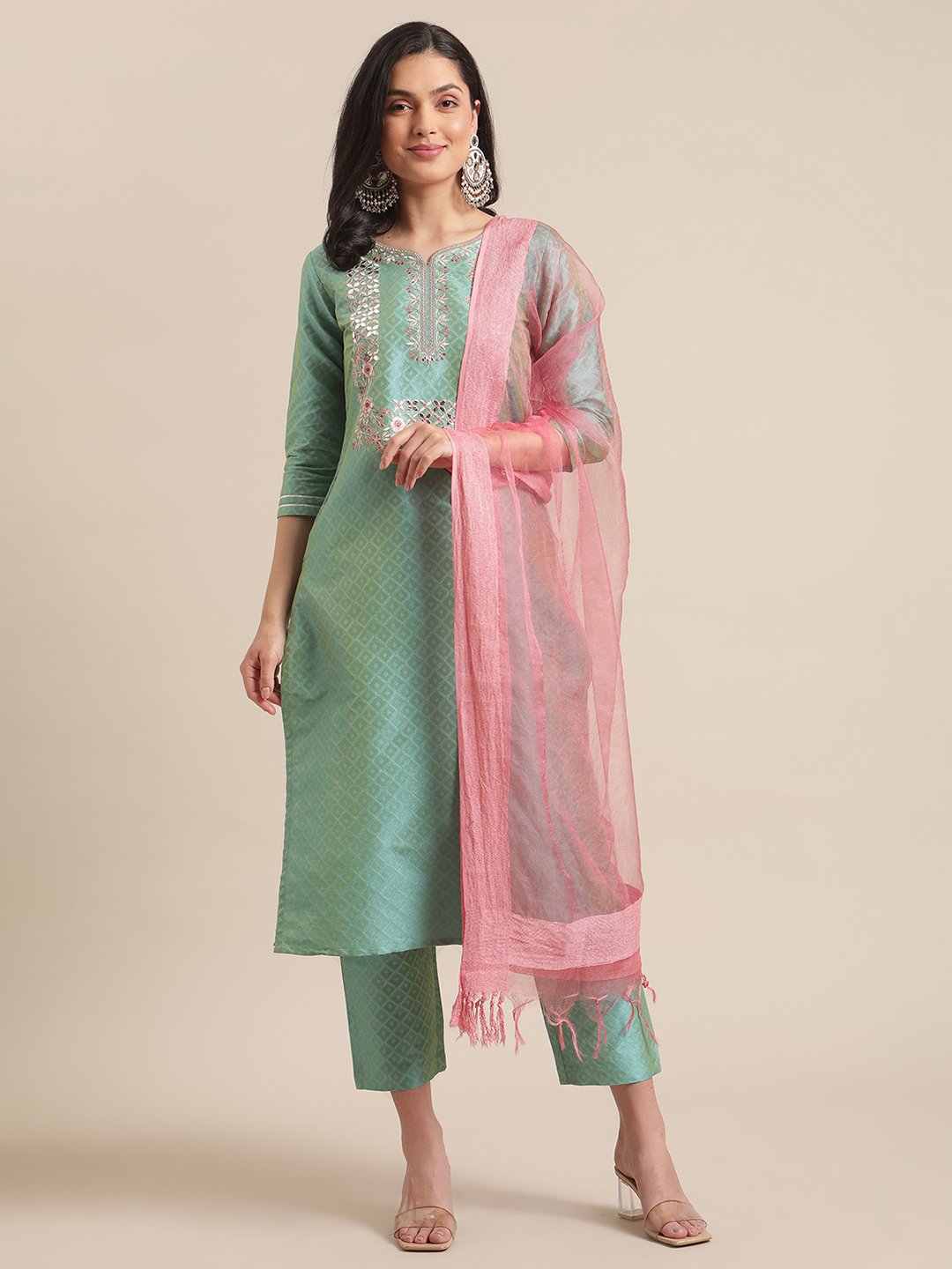 Sea Green Floral Embroidery Kurta Set With Bhaglpuri Silk Dupatta