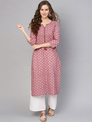 Women Pink & White Printed Straight Kurta