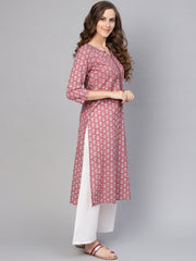 Women Pink & White Printed Straight Kurta