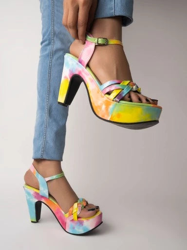 Tie Dye Braided Detail Block Heeled Ankle Strap Multicolored Sandals