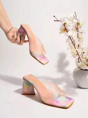 Trendy Casual Party Wear Festive Comfortable Square Toe Rainbow Print Pink Block Heels For Women & Girls