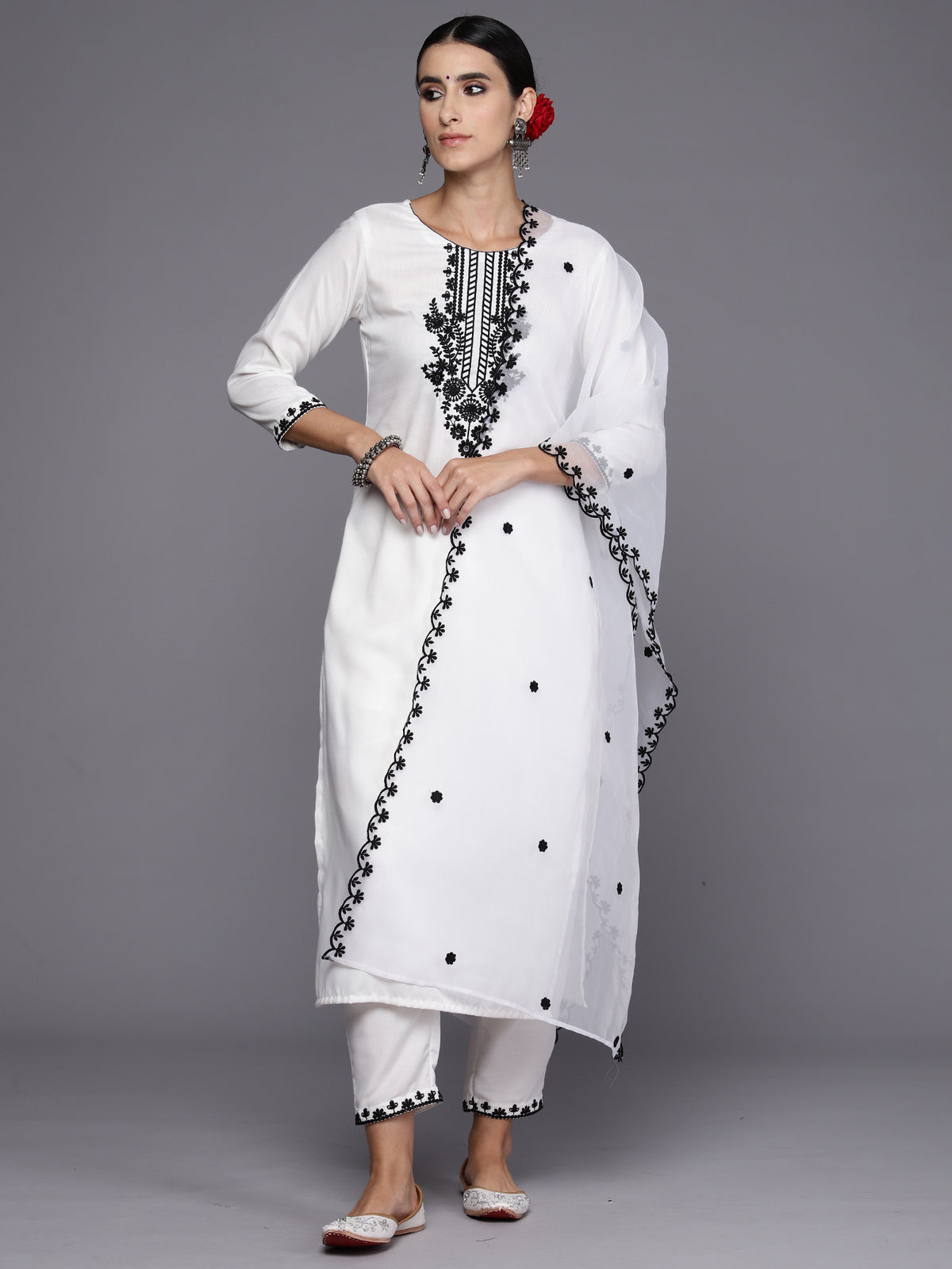 Indo Era White Embroidered Straight Kurta Trousers With Dupatta Set