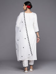 Indo Era White Embroidered Straight Kurta Trousers With Dupatta Set