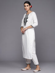 Indo Era White Embroidered Straight Kurta Trousers With Dupatta Set