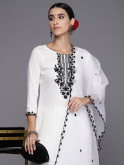 Indo Era White Embroidered Straight Kurta Trousers With Dupatta Set