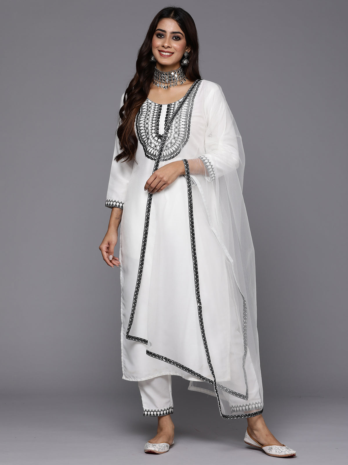 Indo Era White Embroidered Straight Kurta Trousers With Dupatta Set