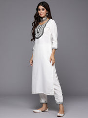 Indo Era White Embroidered Straight Kurta Trousers With Dupatta Set