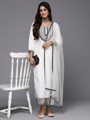 Indo Era White Embroidered Straight Kurta Trousers With Dupatta Set