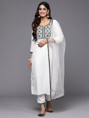 Indo Era White Embroidered Straight Kurta Trousers With Dupatta Set