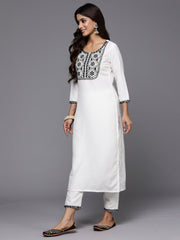 Indo Era White Embroidered Straight Kurta Trousers With Dupatta Set