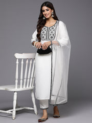 Indo Era White Embroidered Straight Kurta Trousers With Dupatta Set