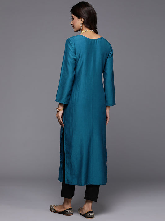 Indo Era Teal Yoke Design Straight Ethnic Kurtas