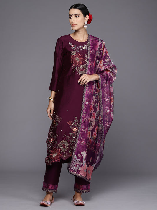 Indo Era Wine Embroidered Straight Kurta Trousers With Dupatta Set