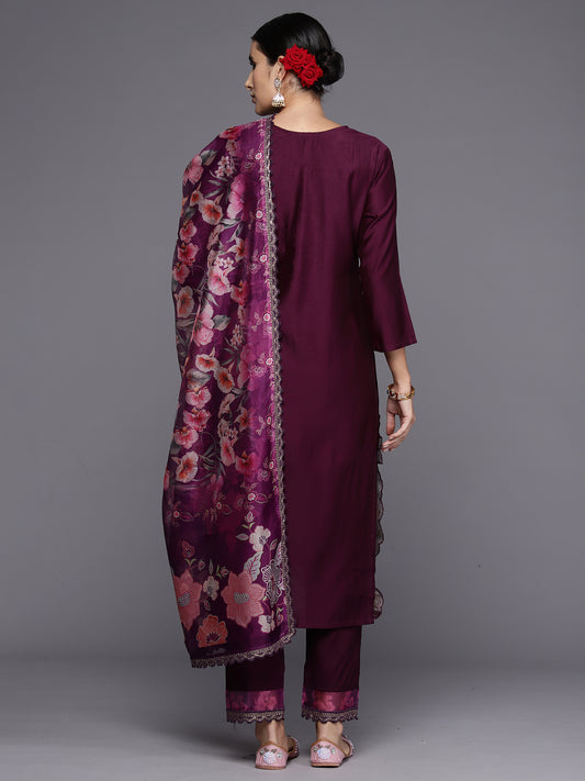 Indo Era Wine Embroidered Straight Kurta Trousers With Dupatta Set