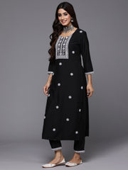 Indo Era Black Embroidered Straight Kurta Trousers With Dupatta Set