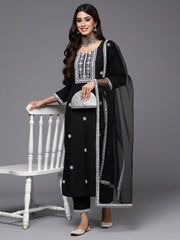 Indo Era Black Embroidered Straight Kurta Trousers With Dupatta Set