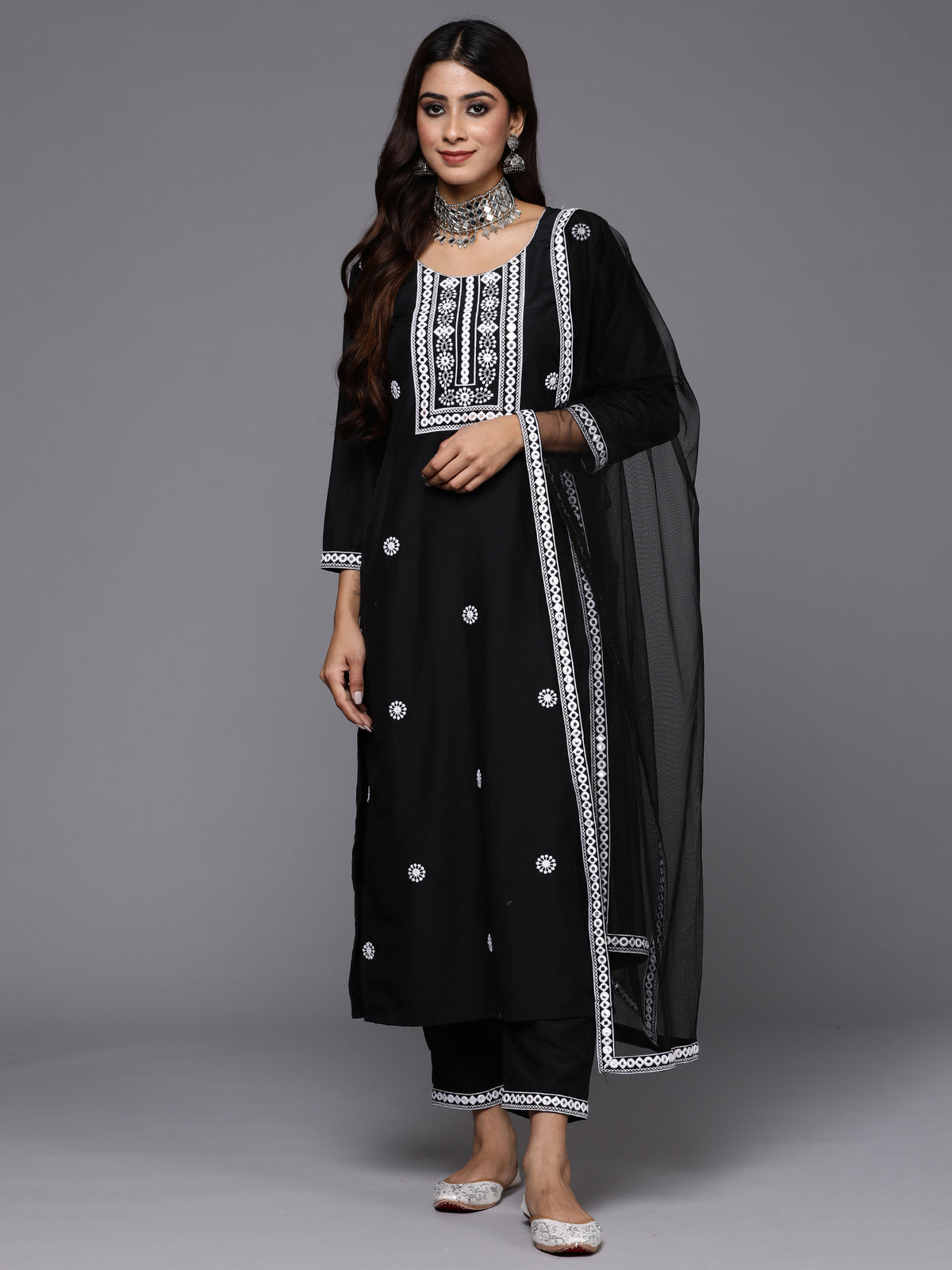 Indo Era Black Embroidered Straight Kurta Trousers With Dupatta Set