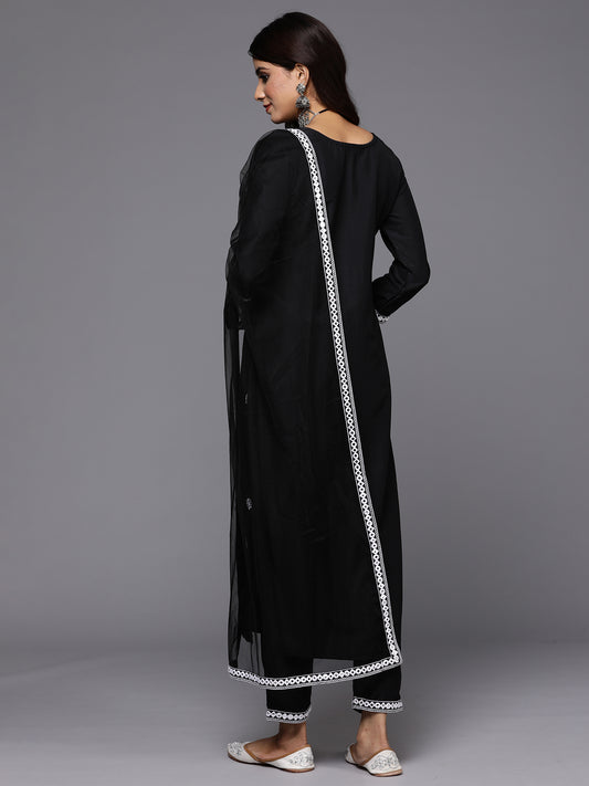 Indo Era Black Embroidered Straight Kurta Trousers With Dupatta Set