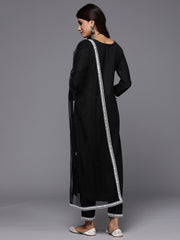 Indo Era Black Embroidered Straight Kurta Trousers With Dupatta Set