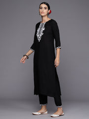 Indo Era Black Embroidered Straight Kurta Trousers With Dupatta Set