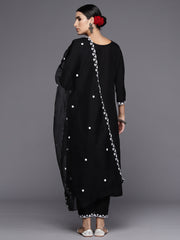 Indo Era Black Embroidered Straight Kurta Trousers With Dupatta Set