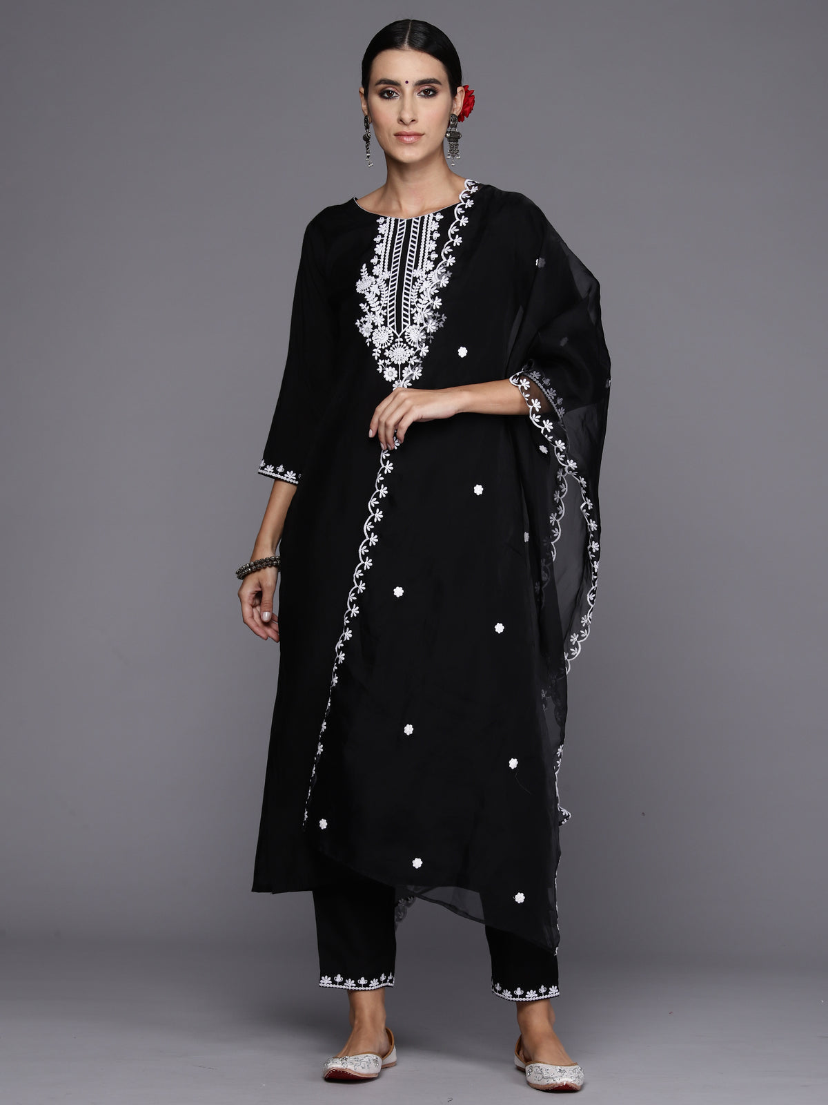 Indo Era Black Embroidered Straight Kurta Trousers With Dupatta Set