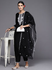 Indo Era Black Embroidered Straight Kurta Trousers With Dupatta Set