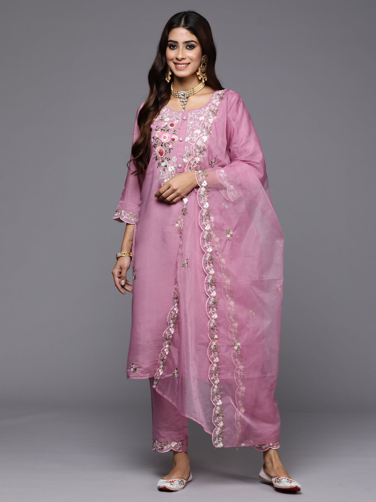 Indo Era Lavender Embroidered Straight Kurta Trousers With Dupatta Set