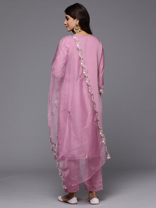 Indo Era Lavender Embroidered Straight Kurta Trousers With Dupatta Set