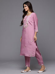 Indo Era Lavender Embroidered Straight Kurta Trousers With Dupatta Set