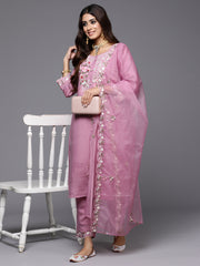 Indo Era Lavender Embroidered Straight Kurta Trousers With Dupatta Set