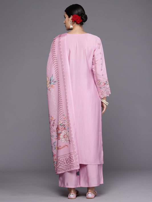 Indo Era Lavender Embroidered Straight Kurta Trousers With Dupatta Set