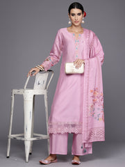 Indo Era Lavender Embroidered Straight Kurta Trousers With Dupatta Set