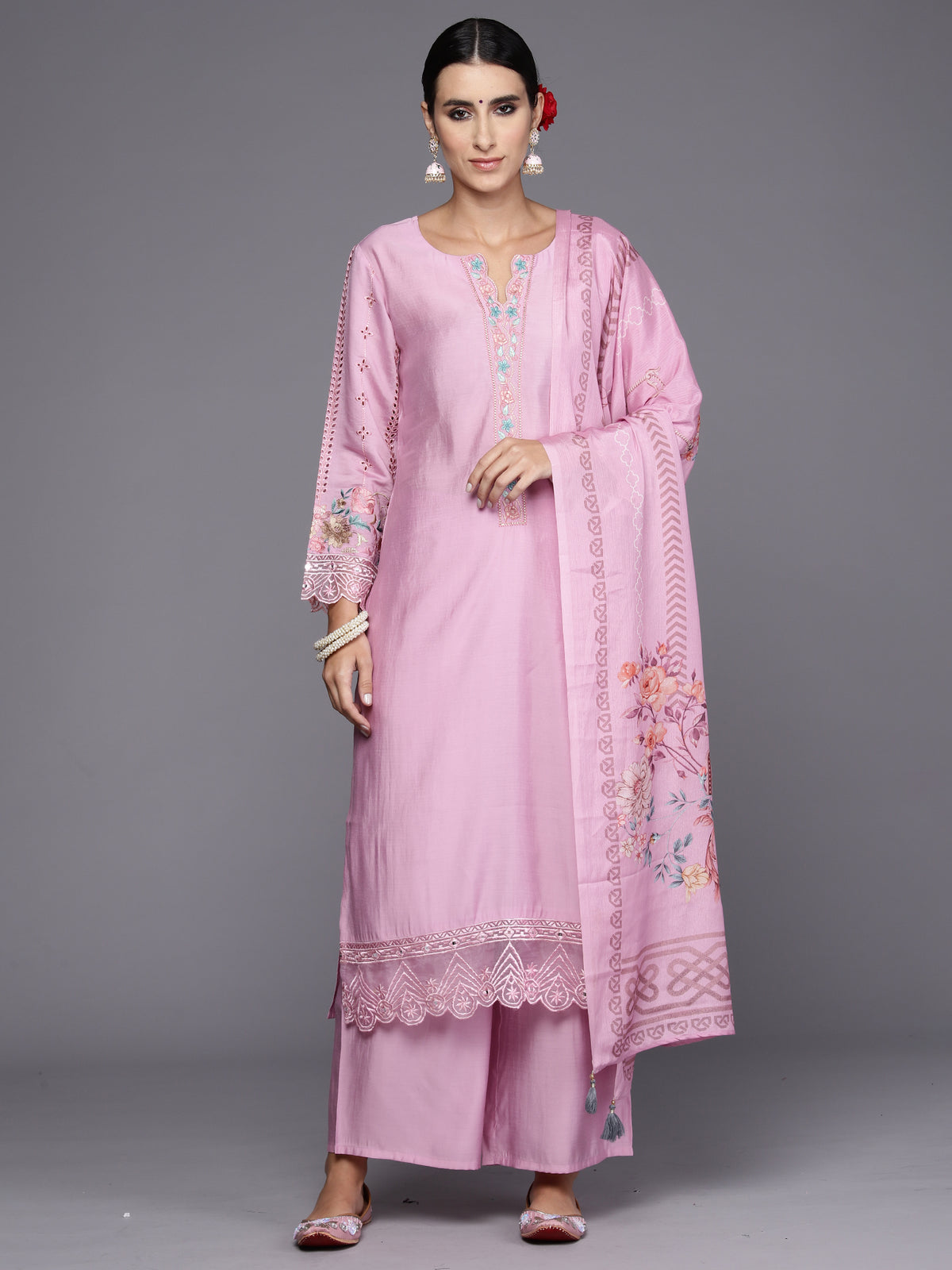 Indo Era Lavender Embroidered Straight Kurta Trousers With Dupatta Set