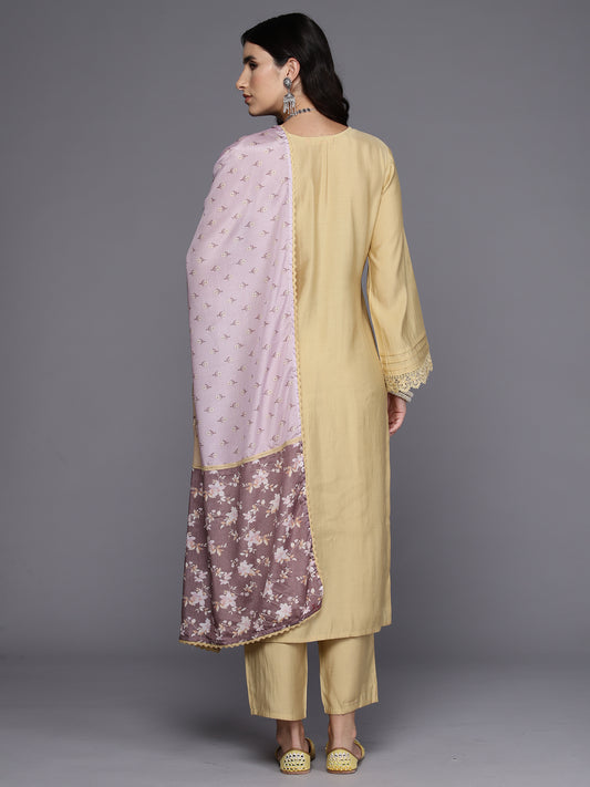 Indo Era Mustard Embroidered Straight Kurta Trousers With Dupatta Set