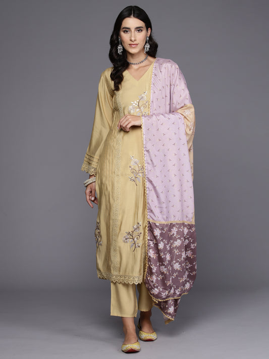 Indo Era Mustard Embroidered Straight Kurta Trousers With Dupatta Set