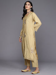 Indo Era Mustard Embroidered Straight Kurta Trousers With Dupatta Set