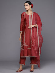 Indo Era Rust Embroidered Straight Kurta Trousers With Dupatta Set