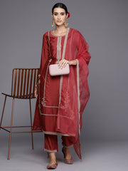 Indo Era Rust Embroidered Straight Kurta Trousers With Dupatta Set