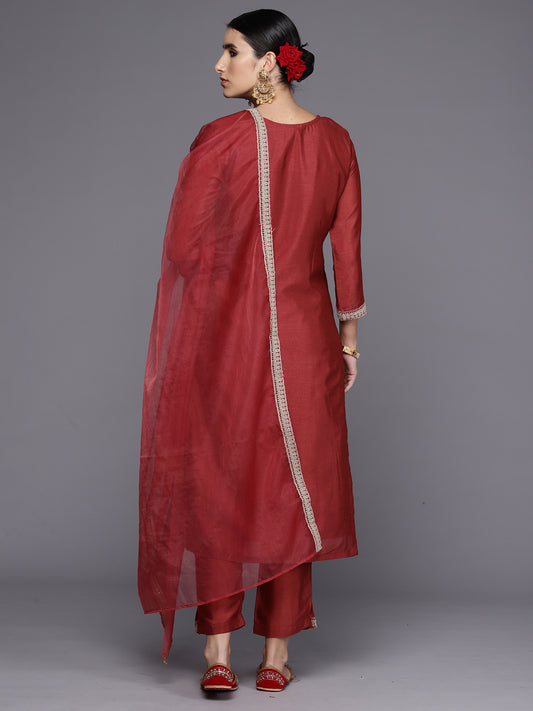 Indo Era Rust Embroidered Straight Kurta Trousers With Dupatta Set