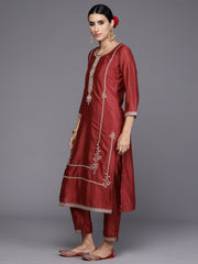 Indo Era Rust Embroidered Straight Kurta Trousers With Dupatta Set