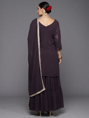 Indo Era Purple Embroidered Straight Kurta Sharara With Dupatta Set