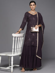 Indo Era Purple Embroidered Straight Kurta Sharara With Dupatta Set