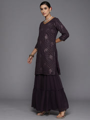 Indo Era Purple Embroidered Straight Kurta Sharara With Dupatta Set