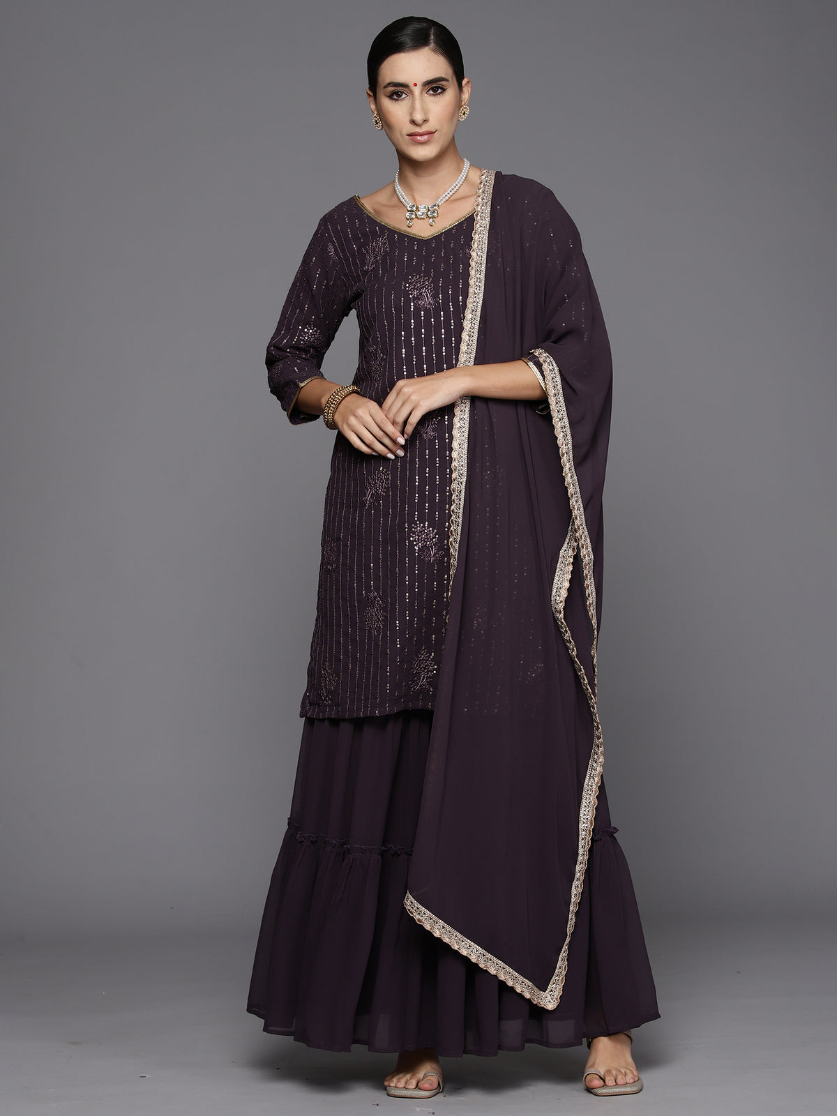 Indo Era Purple Embroidered Straight Kurta Sharara With Dupatta Set