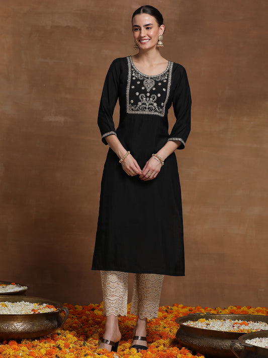 Indo Era Black Embroidered Straight Kurtas