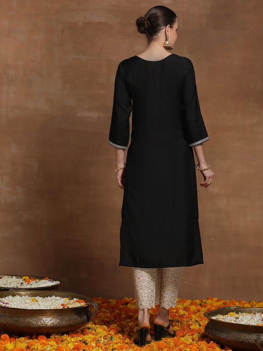 Indo Era Black Embroidered Straight Kurtas