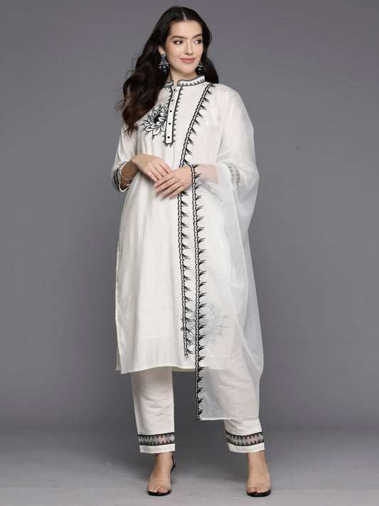 Indo Era Cream Embroidered Straight Kurta Trousers With Dupatta Set